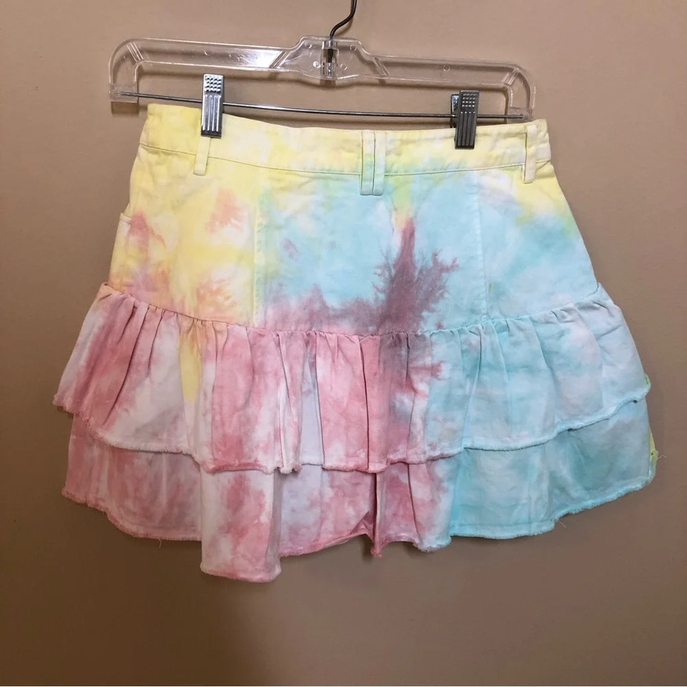Loveshackfancy size 6 landen rainbow radial tie dye denim mini skirt ruffle